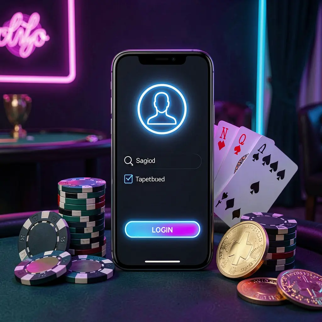 CW7733 casino app login scene on a smartphone with glowing user profile icon, surrounded by chips, cards, and coins against an elegant dark background with neon highlights