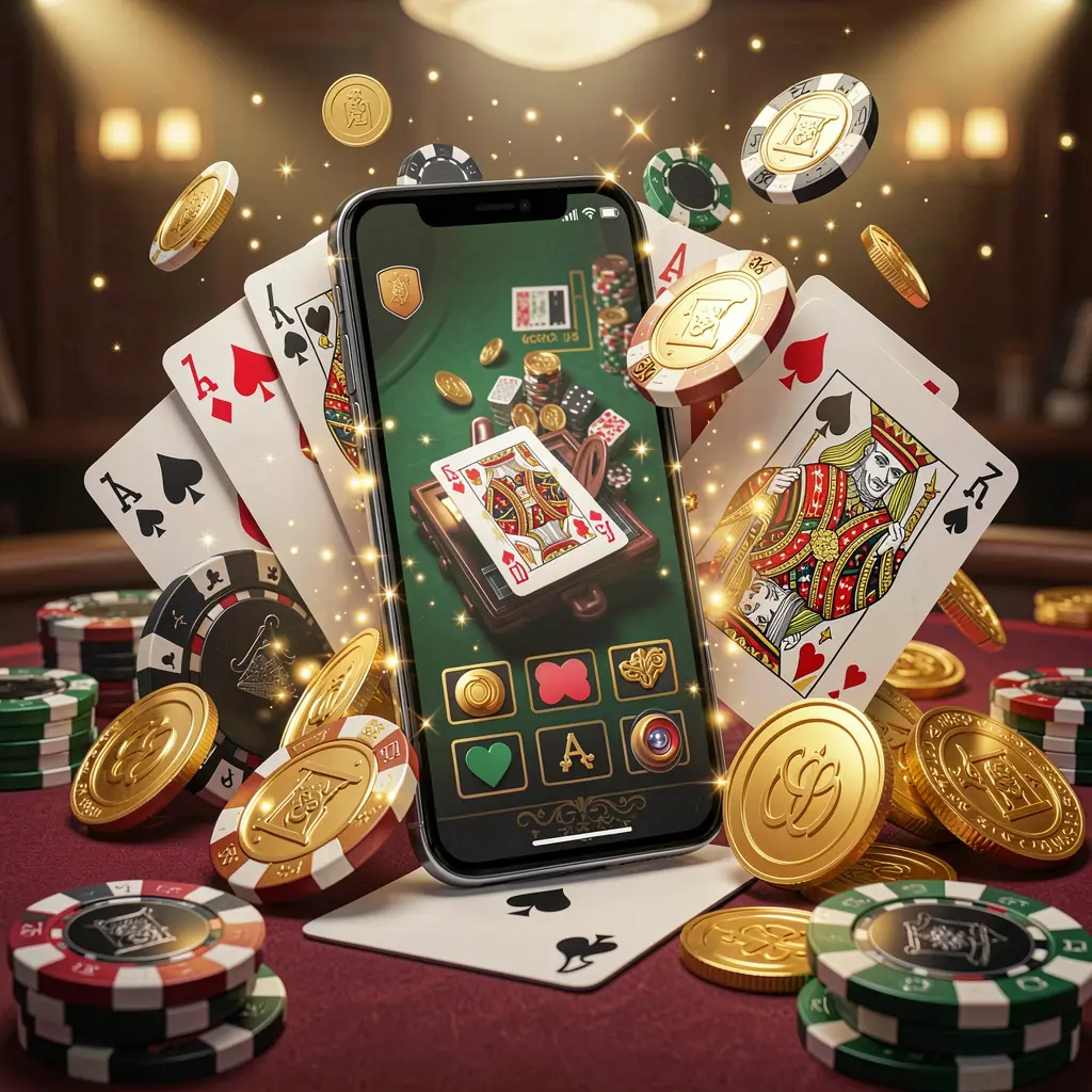 CW7733 mobile gaming application concept featuring a smartphone surrounded by playing cards, roulette chips, gold coins, and sparkling lights in a premium casino style