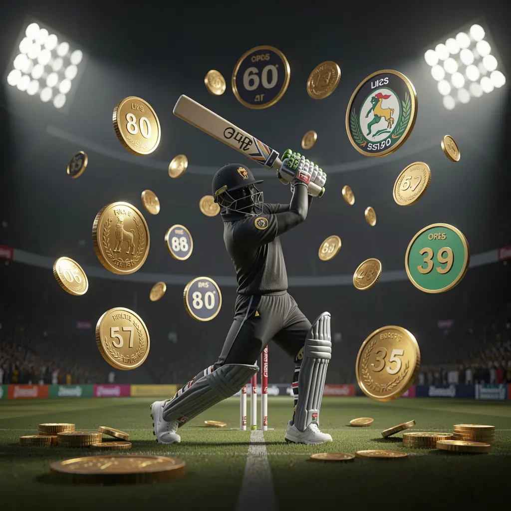 CW7733 live cricket odds visual featuring a cricket player silhouette batting under stadium lights with floating odds graphics and golden coins on a premium dark sports background