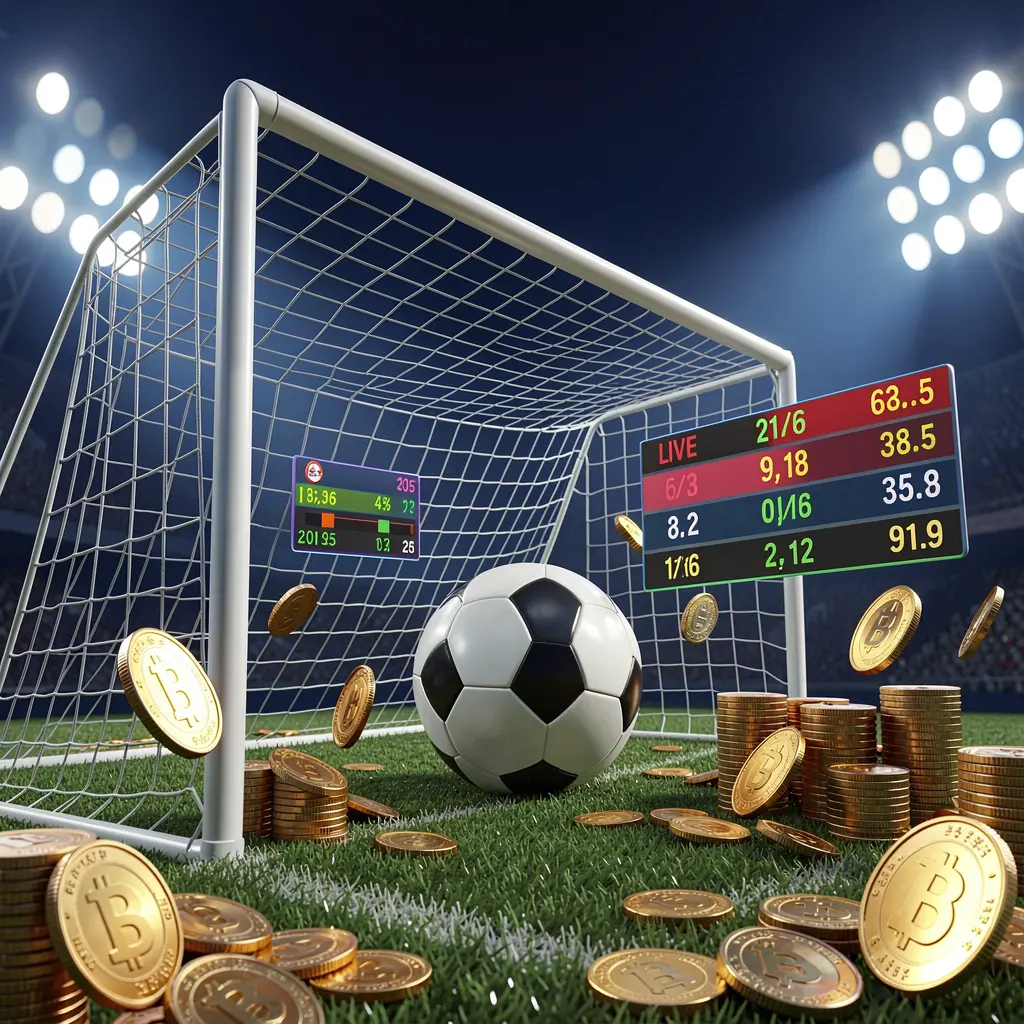 Realistic 3D render of a football goal net with a soccer ball, stadium lights, coins, and floating live score panels on a dark blue premium background, showcasing CW7733 sports betting page