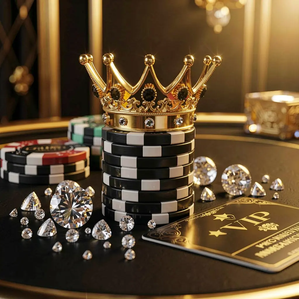CW7733 VIP casino rewards concept featuring an elegant golden crown on poker chips with sparkling diamonds and a premium membership card against a luxury black and gold background, creating an exclusive high-end casino atmosphere