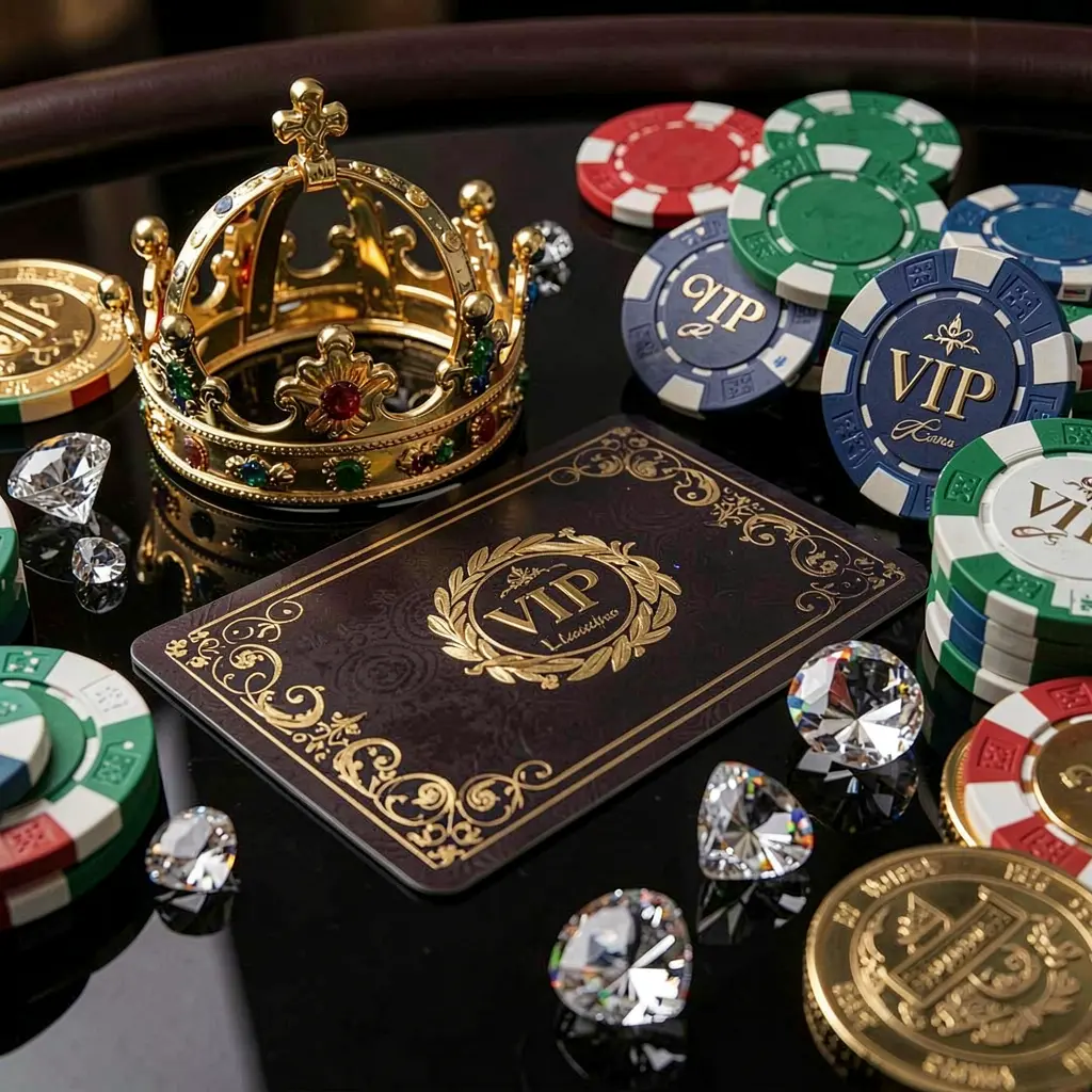 CW7733 VIP casino bonus concept featuring a golden crown, luxury membership card, poker chips, diamonds, and coins arranged on a glossy black table in an elegant premium style