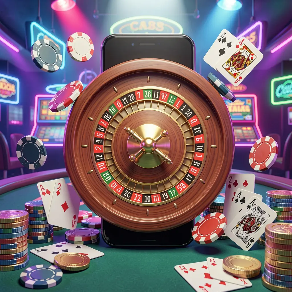 CW7733 mobile casino experience with a smartphone surrounded by roulette wheel, chips, cards, and coins in a bright neon casino atmosphere CW7733 mobile casino experience with a smartphone surrounded by roulette wheel, chips, cards, and coins in a bright neon casino atmosphere