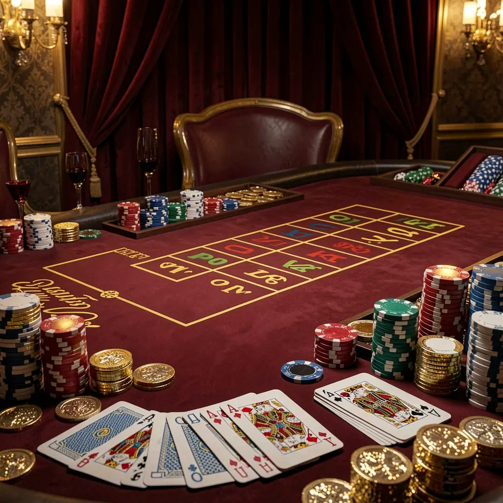 CW7733 luxury casino scene featuring a blackjack table with poker cards, stacks of chips, and sparkling coins against a dark red and gold background CW7733 luxury casino scene featuring a blackjack table with poker cards, stacks of chips, and sparkling coins against a dark red and gold background