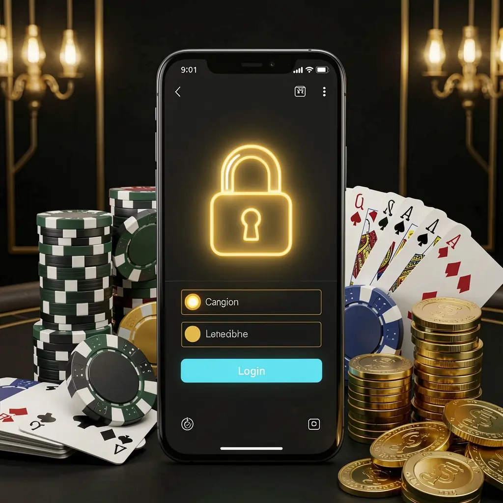 CW7733 secure casino account login concept with glowing lock icon on smartphone screen surrounded by poker chips, playing cards, and golden coins on an elegant black and gold background CW7733 secure casino account login concept with glowing lock icon on smartphone screen surrounded by poker chips, playing cards, and golden coins on an elegant black and gold background