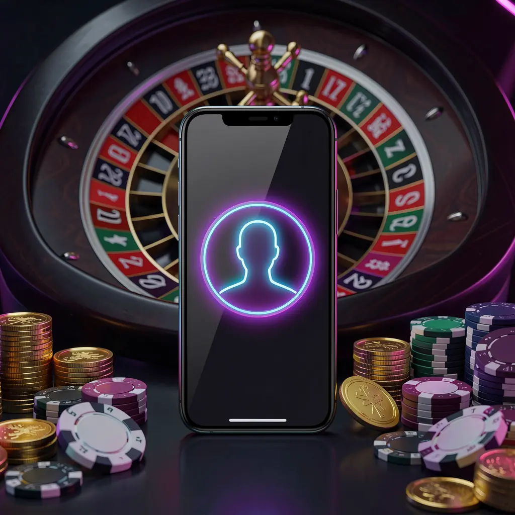 CW7733 online casino sign in hero image featuring a modern phone with a glowing profile icon, roulette lights in the background, and golden coins and poker chips in a premium dark neon atmosphere CW7733 online casino sign in hero image featuring a modern phone with a glowing profile icon, roulette lights in the background, and golden coins and poker chips in a premium dark neon atmosphere
