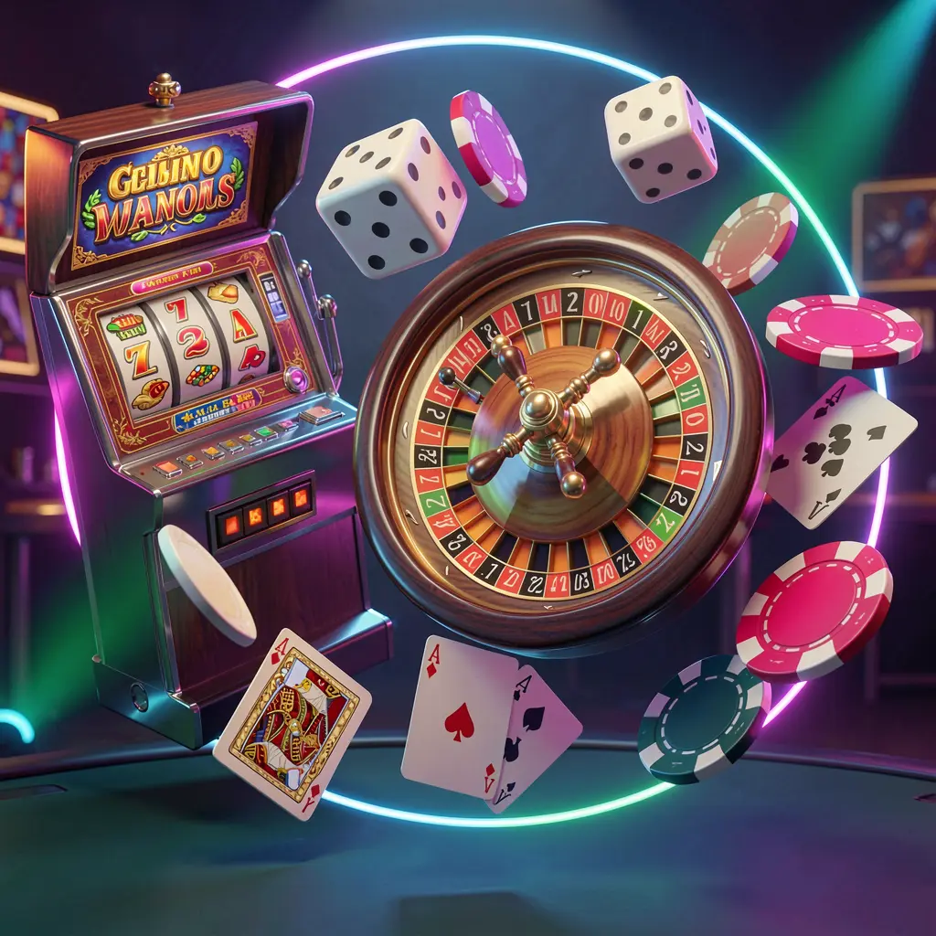 CW7733 casino games collection homepage visual featuring a slot machine, roulette wheel, dice, playing cards, and poker chips floating together with colorful neon lights in a premium 3D render